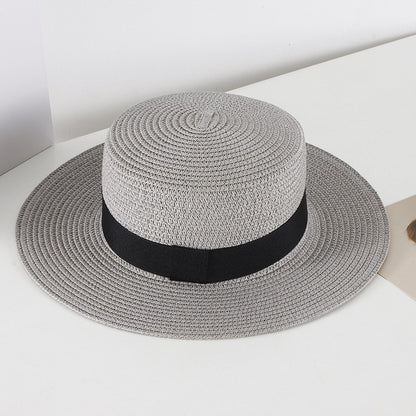 Chapéu de Sol Unissex de Verão com Topo Plano para Mulheres e Homens, Cor Sólida, Aba Larga, Fita Preta, Chapéu de Palha de Praia Dobrável, Bonés Frescos para Férias