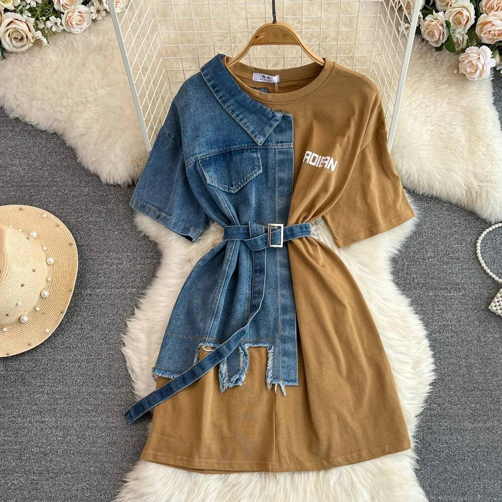 XFPV Women's Sweet high Waist Wrap Belt Round Neck patchwork Denim Shirt  Chic Top Y2k Korean Fashion Spring Summer 2025 SM11327
