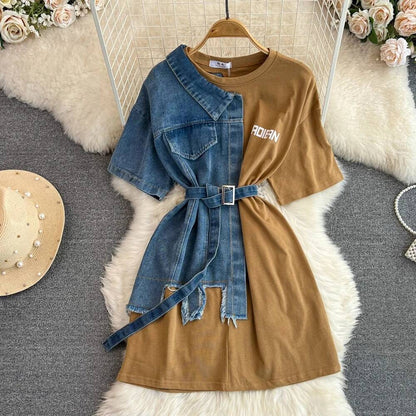 XFPV Women's Sweet high Waist Wrap Belt Round Neck patchwork Denim Shirt  Chic Top Y2k Korean Fashion Spring Summer 2025 SM11327