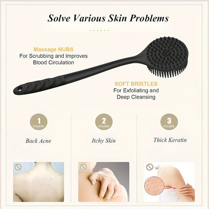 Long Handle Back Scrubber Brush - Exfoliating Body Brush for Shower, Bath & Spa | Soft Skin Massager for Men/Women