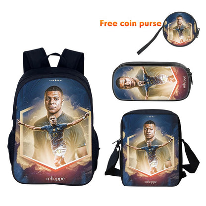 M-Mbappe Conjunto de 3 Peças Bolsa Escolar Mochila Esportiva de Futebol com Bolsas de Ombro Estojo para Canetas Mochila Escolar Jogador Estrela para Melhor Presente