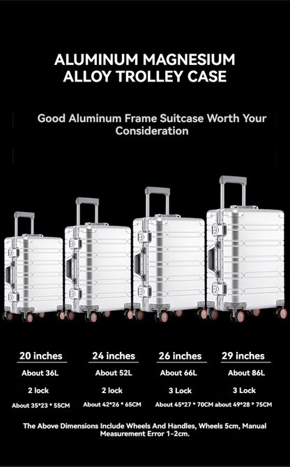 2024 New Large Capacity Durable Luggage Sets Aluminum Suitcase Women Girl Carry-On Boarding Travel 20/24/29