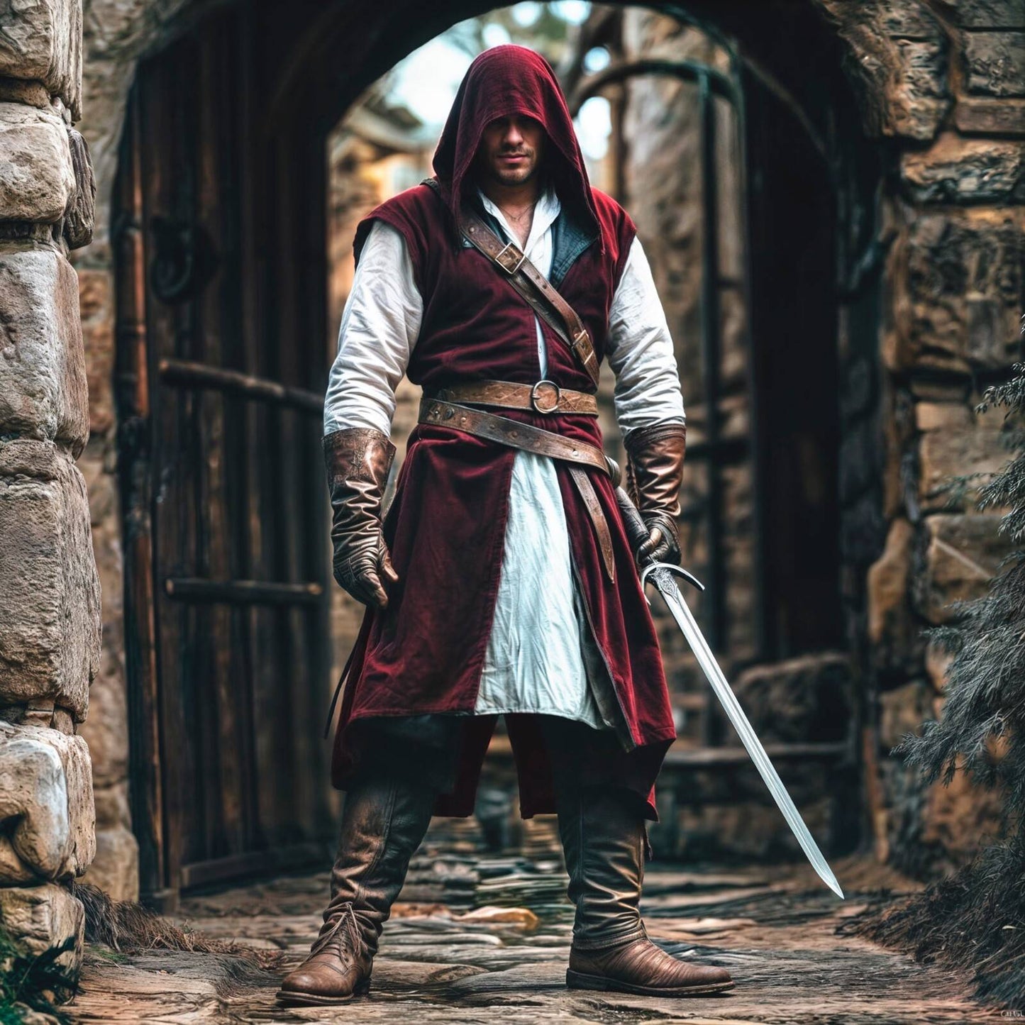 Medieval Mens Surcoat, Linen Hooded Tunic, Renfaire Cape, LARP Ranger Cosplay