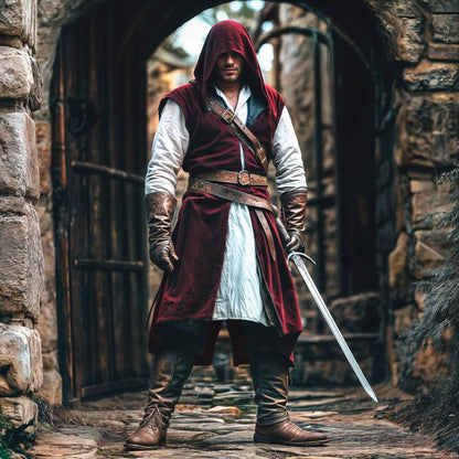 Medieval Mens Surcoat, Linen Hooded Tunic, Renfaire Cape, LARP Ranger Cosplay