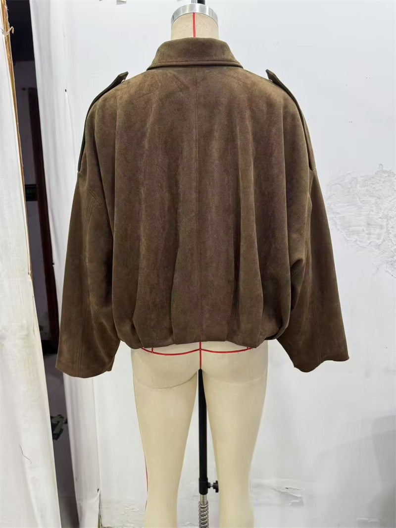 Women's Jacket Fall 2025 New Solid Color Long-Sleeved Faux Suede Loose Bomber Jacket Casual Fashion Personality Versatile