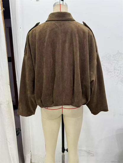 Women's Jacket Fall 2025 New Solid Color Long-Sleeved Faux Suede Loose Bomber Jacket Casual Fashion Personality Versatile