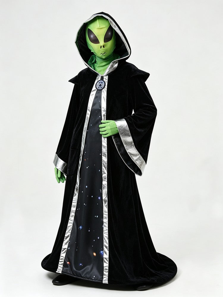 Adult Child Alien Wizard Cosplay Costume Starry Sky Hooded Cape Green Gloves Mesh Mask Perfect Halloween Parties Space Adventure