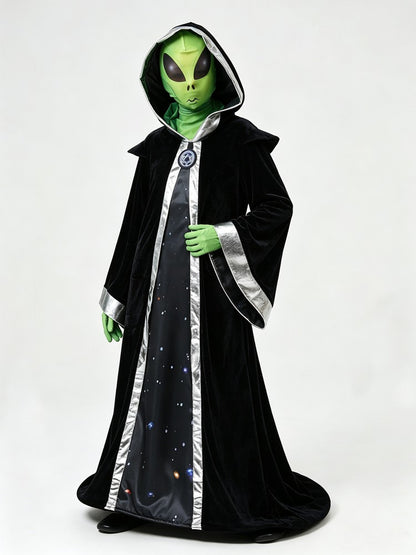 Adult Child Alien Wizard Cosplay Costume Starry Sky Hooded Cape Green Gloves Mesh Mask Perfect Halloween Parties Space Adventure