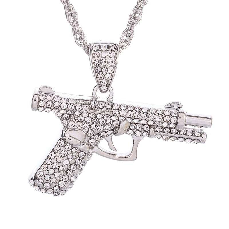 Pingente de Pistola com Gelo Cravejado Bling Colar de Metralhadora Masculino Personalidade Hip Hop Rock Punk Joia Legal para Festa de Rua Presente