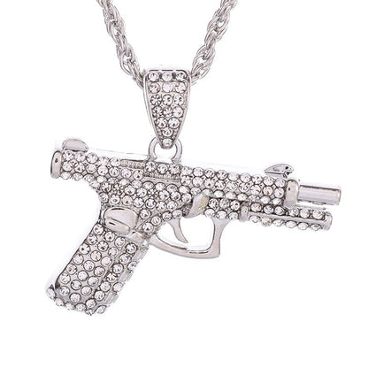 Pingente de Pistola com Gelo Cravejado Bling Colar de Metralhadora Masculino Personalidade Hip Hop Rock Punk Joia Legal para Festa de Rua Presente