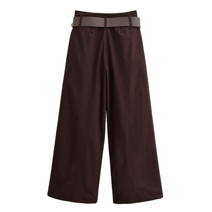 Tidalyf 2025 Women Vintage Brown Wide Leg Pants with Metal Belt High Waist Casual Trousers