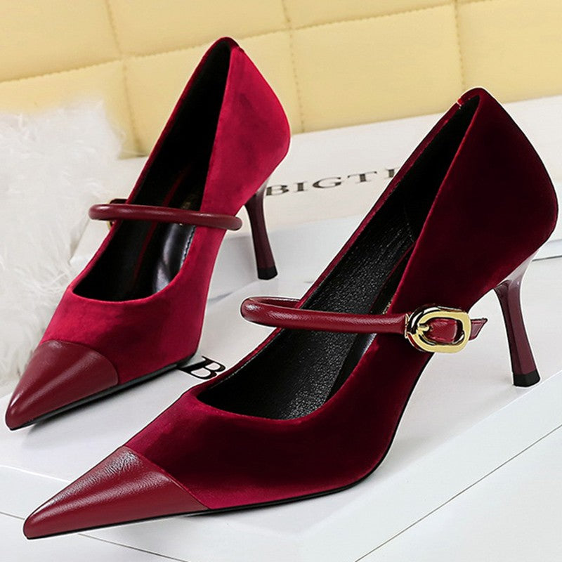 Korean Version Party 10cm 7cm High Heels Women Shoes Thin Heels Velvet Shallow Montage Pointed Toe Metal One-line Buckle Pumps