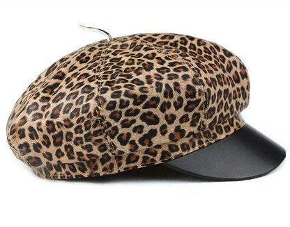 Autumn Winter Women's Genuine Sheep Leather Octagonal Beret | Leopard Print Trendy Painter Hat Celebrity Style Versatile Cap