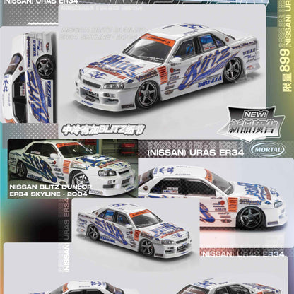 Novo em estoque Mortal 1:64 Nissan GTR D1GP Blitz ER34 Liga Miniatura Diecast Modelo Conjunto de Dois Carros Versão D1GP Brinquedos de Modelo de Carro Presente