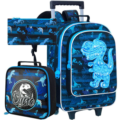 Mochila de Rodinhas 3 Peças para Meninos, Mochila Escolar com Rodas para Crianças, Mochila com Rodas e Lancheira
