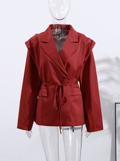 Lace Up Shoulder Pad Blazer Coat Women Elegant Turn-down Collar Long Sleeve Pockets Slim Fit Coats Chic Ladies Commute Outerwear