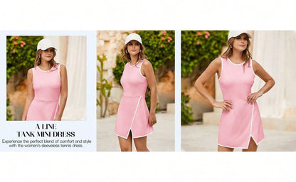 Women's Tennis Dress With Built-In Shorts & Pockets, Sleeveless Athletic Mini Dress With Bra, Golf Sports Dress