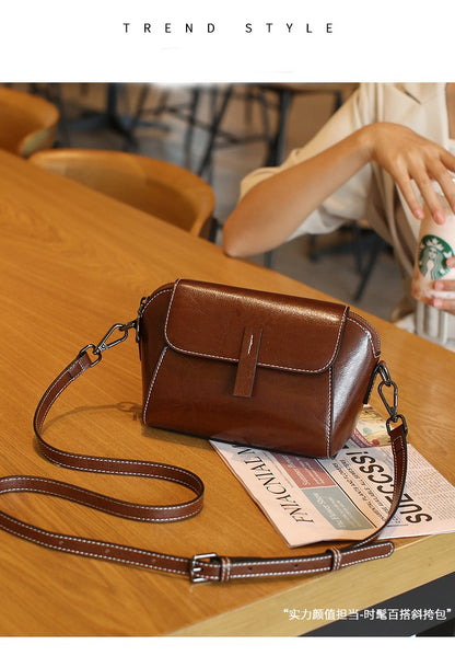 Oil Wax Cowhide Genuine Leather Crossbody Small Bag for Women Fashionable Versatile Shoulder Shell Handbag Lady Casual Phone Bag