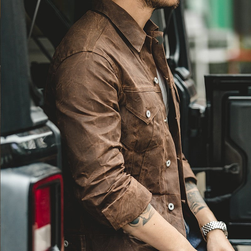 Maden Retro Heavyweight Canvas Oil Waxed Jacket Cotton Waterproof Hunting Coat Male Spring Khaki Casual Work Safari Style Jacket