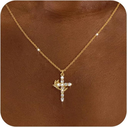 Colar Feminino de Cruz com Diamantes - Colar Requintado com Pingente de Zircônia Cúbica de Ouro 14k Colar Simples com Pingente de Cruz Dourada