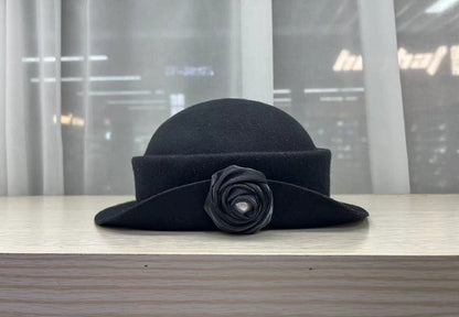 French light luxury Australian wool felt hat Hepburn style camellia flower small brim basin hat women elegant banquet top hat