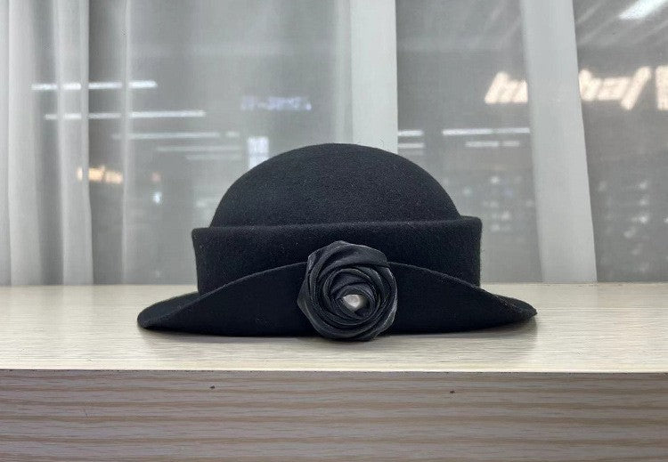 French light luxury Australian wool felt hat Hepburn style camellia flower small brim basin hat women elegant banquet top hat
