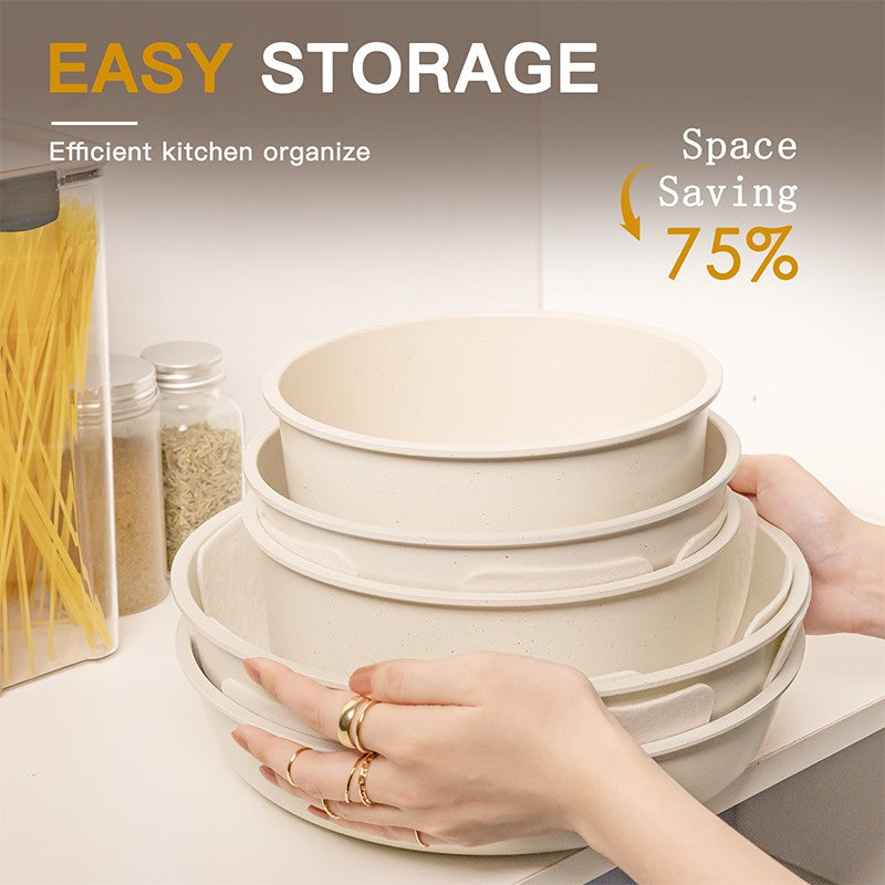Conjunto de Panelas de 21 Peças Antiaderente, Conjunto de Utensílios de Cozinha de Cerâmica Astercook com Cabos Sensores, Branco Leitoso