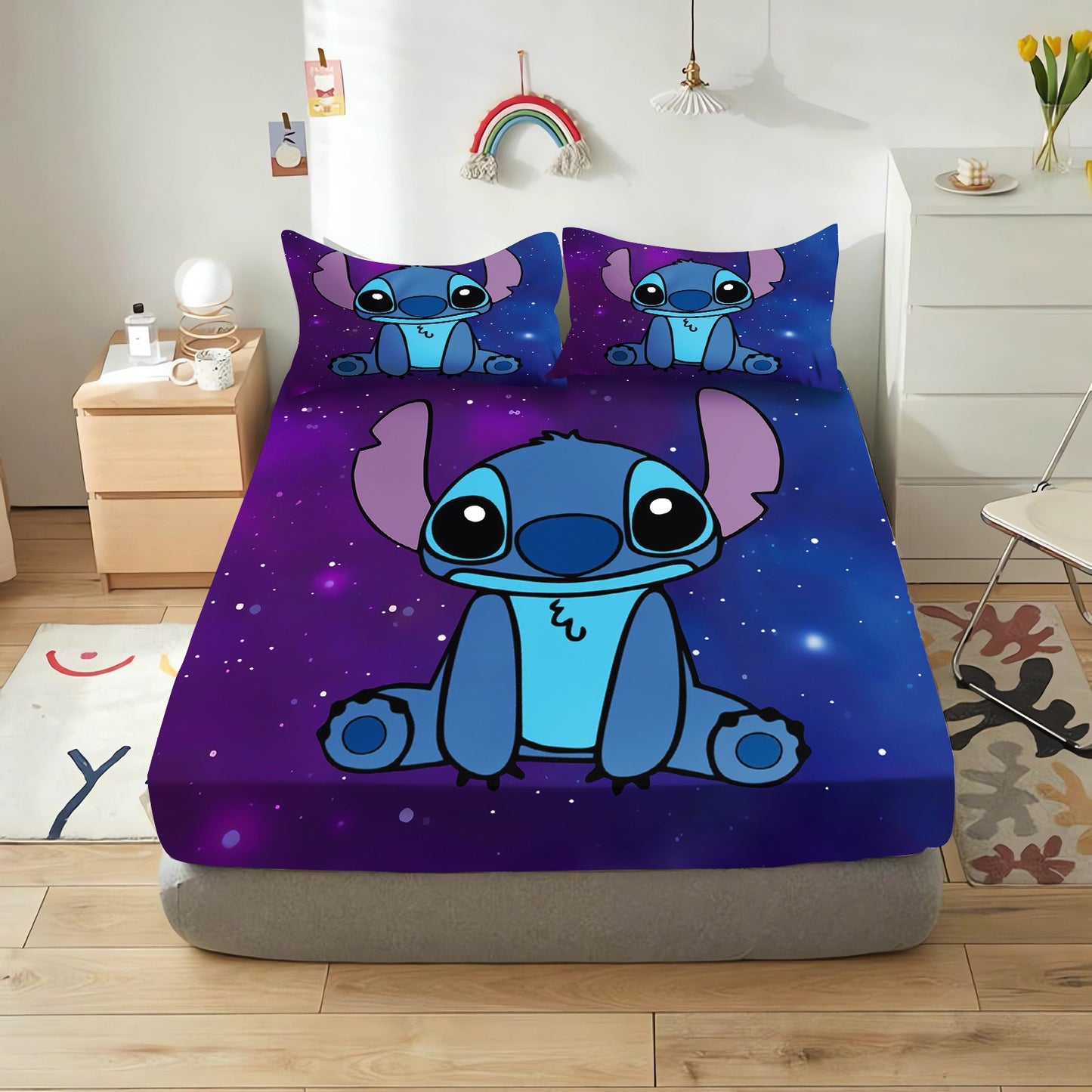 Lilo & Stitch Cartoon Fitted Sheet Home Cover for Teenager Elastic Bedding Cute Digital Printing Sheets Bedding Children