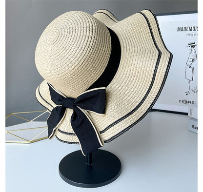 Beach HatJapanese Everything Hairy Edge Straw Hat Female Summer dome  Top Outing Sun Hat Small Fresh Bow Sun Shade Beach Hat
