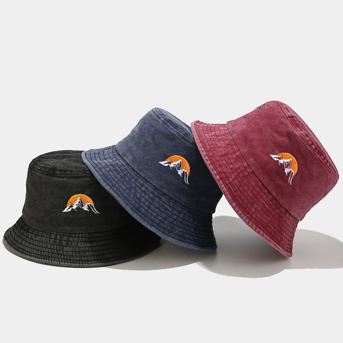 1 "sunrise" printed washed retro sunshade embroidered fisherman hat outdoor fashion accessory, made of polyester fabric