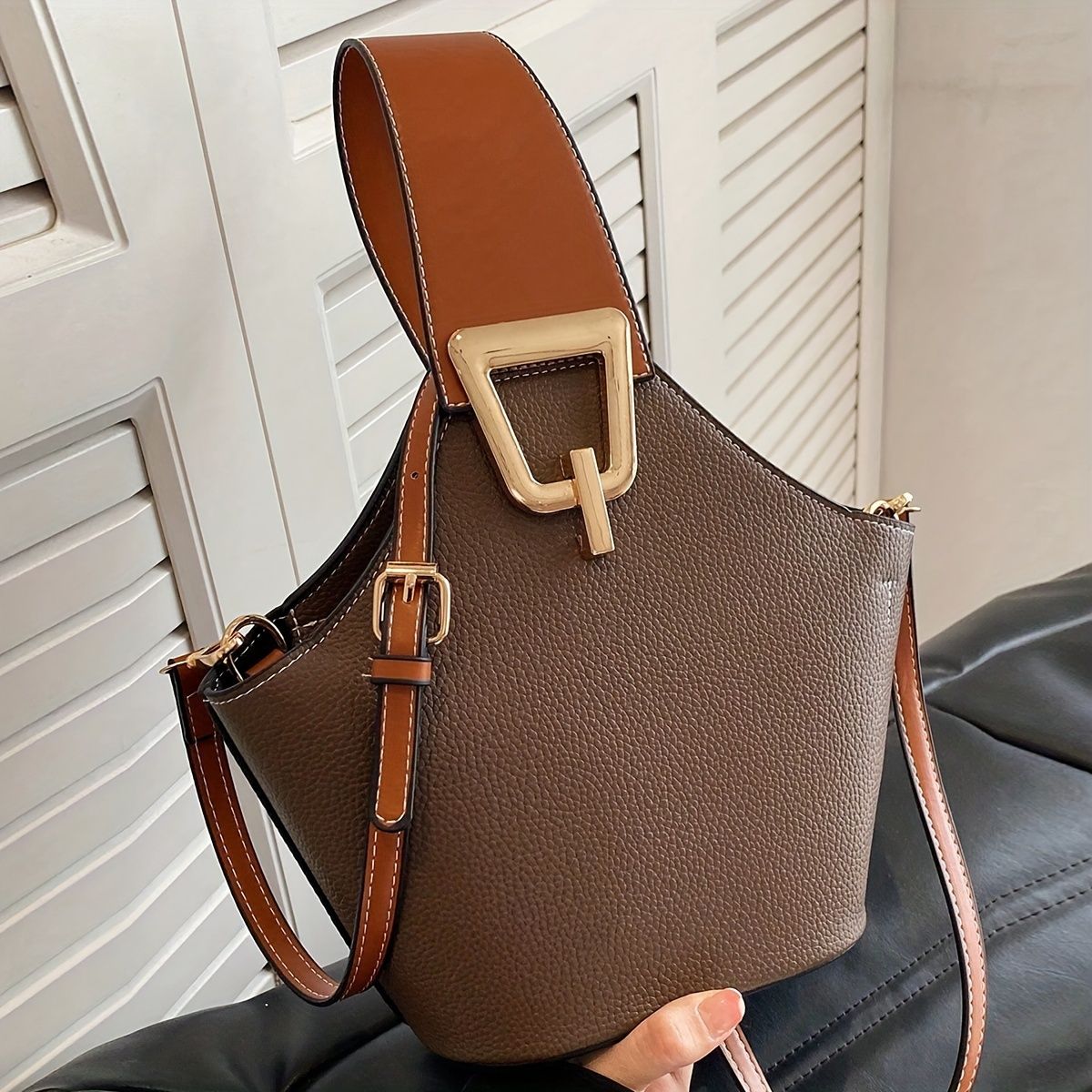 French-Inspired Elegant Beige Bucket Bag. Large Capacity, Golden Lock & Adjustable Strap. Perfect for Work, Travel & Daily Use.