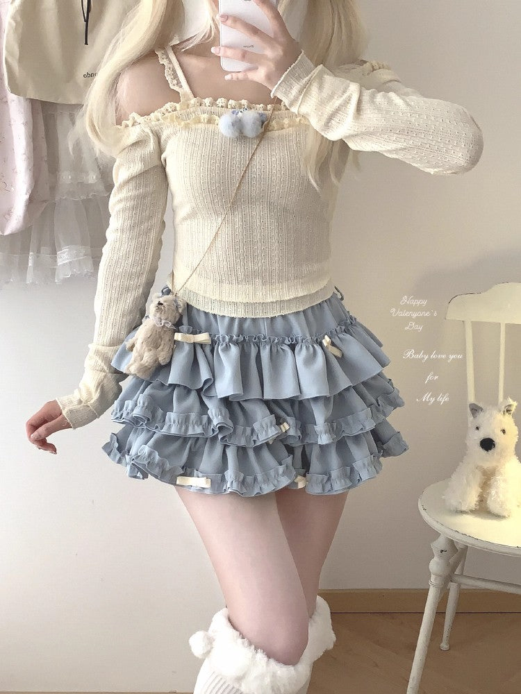 Y2K Sweet Ruffles Mini Skirt Women Kawaii Lolita Bow A Line Skirts Harajuku Japanese Cute High Waist Pink Blue Cake Skirt