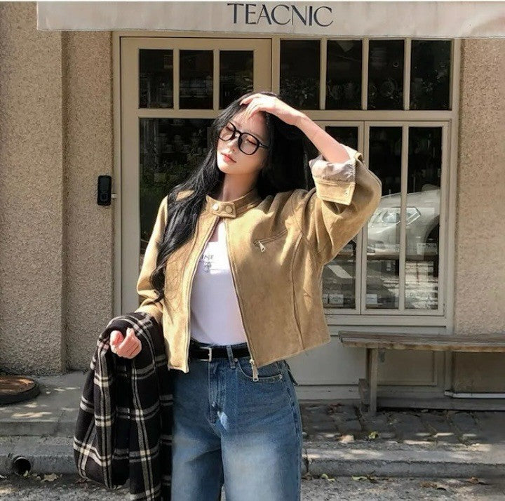 Retro American Coffee Brown Copper Zipper Button Short Jacket 2025 Autumn Trendy PU Leather Jacket Versatile for Dynamic Women