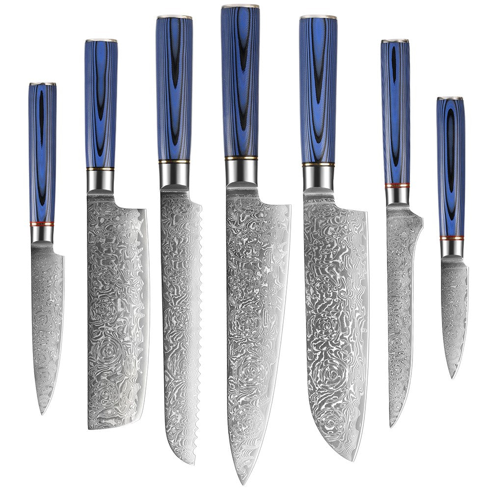 Conjunto de Facas de Cozinha 1-7 Peças, Aço Damasco Ultra Afiado para Chefe, Pão, Santoku, Desossar, Utilitárias, Lâmina com Padrão de Rosa Cabo G10 Azul