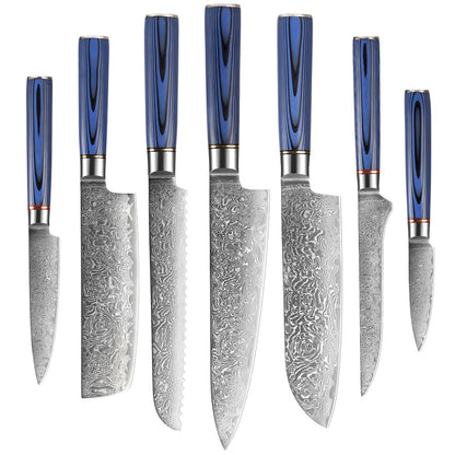 Conjunto de Facas de Cozinha 1-7 Peças, Aço Damasco Ultra Afiado para Chefe, Pão, Santoku, Desossar, Utilitárias, Lâmina com Padrão de Rosa Cabo G10 Azul