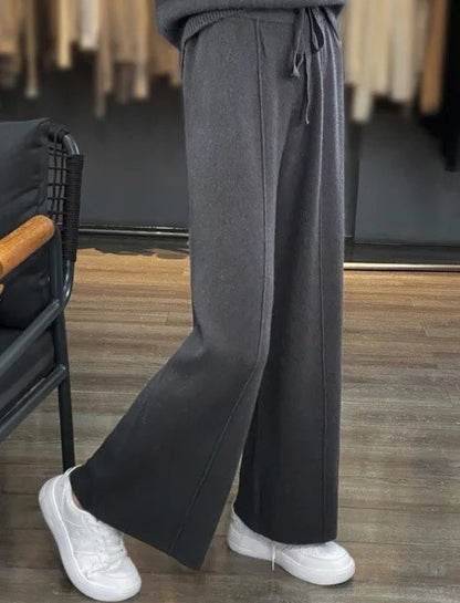High Waist Wide Leg Pants Mid-Seam Knitted Trousers Drawstring Waist Belted Floor-Length Pure Color Versatile Autumn Winter Casu