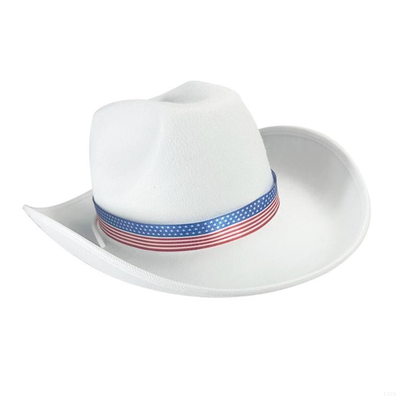 L5YA Elegant Homburg Hat with Unique Patriotic Band Flat Wide Brimmed Hat Surprise Gifts Headwear for Vacation Photo Props