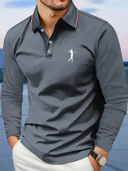 Breathable Men's Casual Long Sleeve Polo Shirt Comfortable Fit Graphic Print Stripes and Golf Player Graphic Men's Golf Shirt