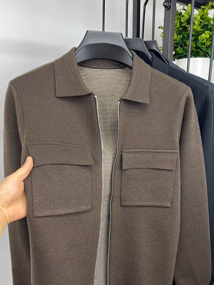 Premium Zipper Collar Wool Cardigan Men's Casual Coat Autumn/Winter Luxury Pocket Design Solid Color Casual Warm Sweater Jacket
