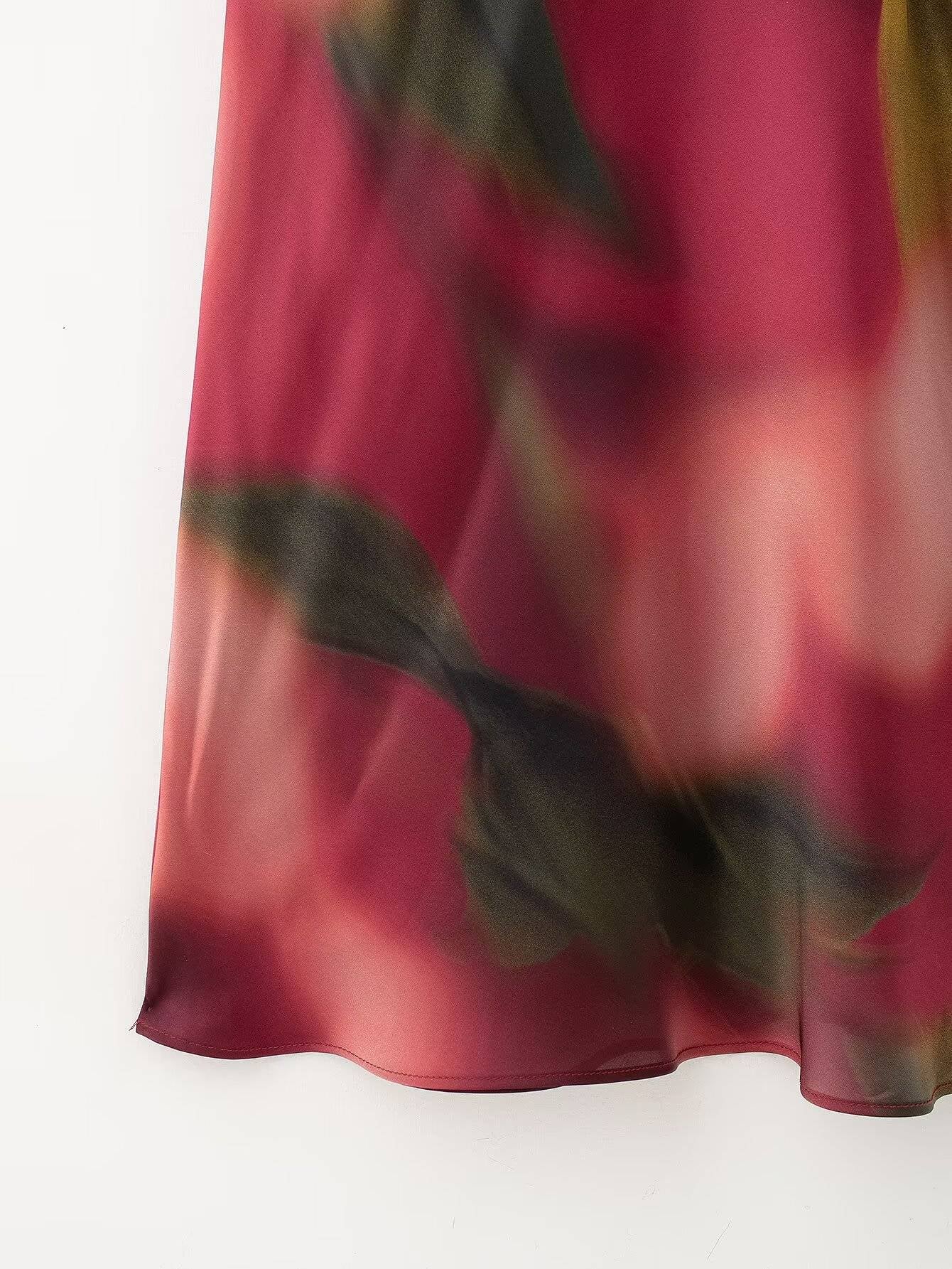 2025 RARA Spring New Women's Round Neck Waist Silk Satin Texture Printed Midi Dr
