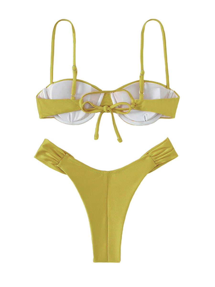 Women Padded Bikini Set Solid Color Pleated Sleeveless Bra+ Shorts Briefs Bikini For Women