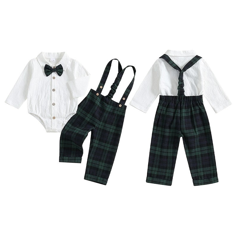 Baby Boy Gentleman Outfits Long Sleeve Lapel Romper + Plaid Suspender Pants + Bow Tie 3Pcs Sets Newborn Toddler Christmas Formal