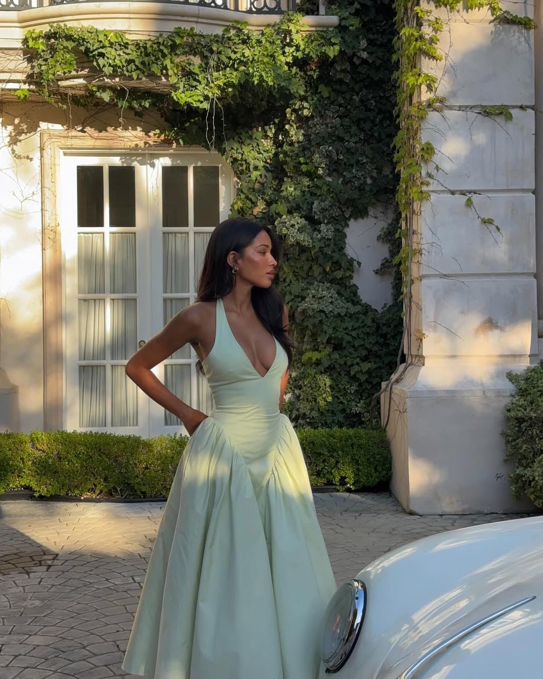 YENKYE Sexy Backless Green Elegant Halter Dress For Women Low Waist A-line Midi