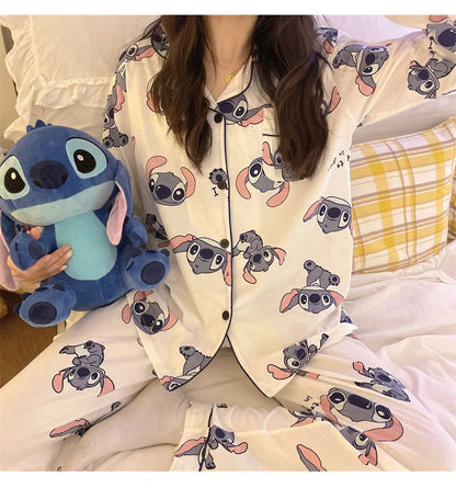 Hot Stitch Disney Faux Cotton Pajamas Spring Autumn Cartoon Female Pyjamas Kawaii Suit Long Sleeves Winter Home Sleepwear Gift