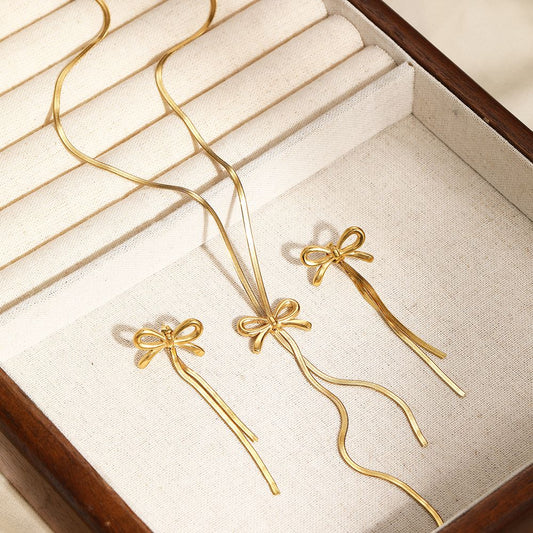 DGIDDK Stainless Steel Necklace French Atmosphere Delicate Bow Tassel Collar Chain For Women Jewelry Daily Match Birthday Gift