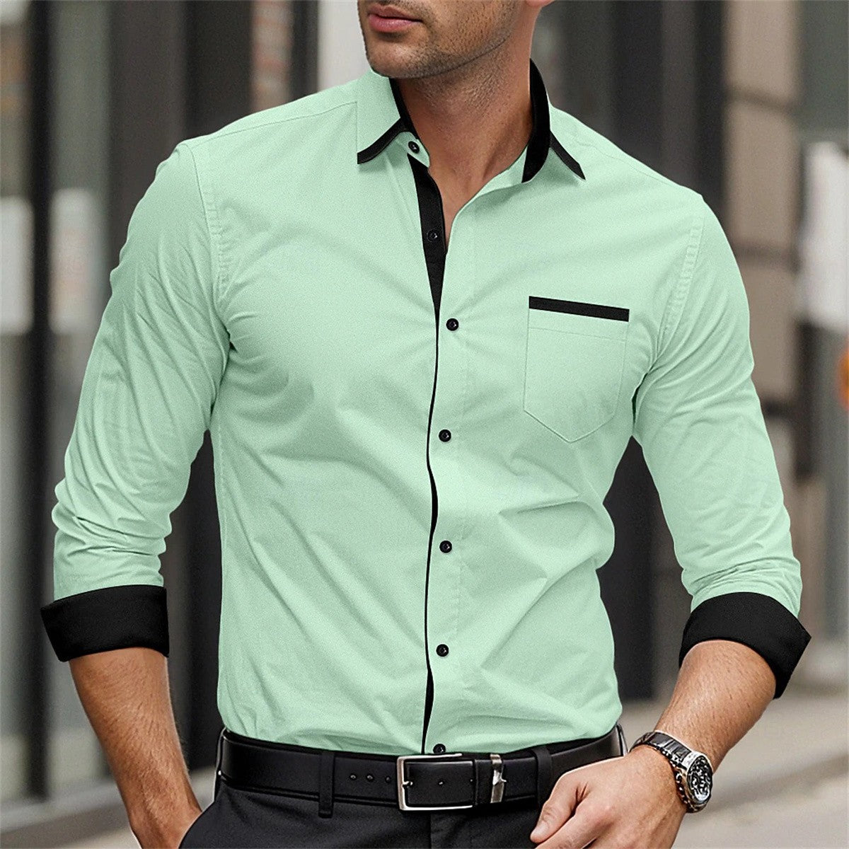New men's formal button up shirt long sleeved solid color lapel for spring and autumn weddings, daily pocket patchwork clothing