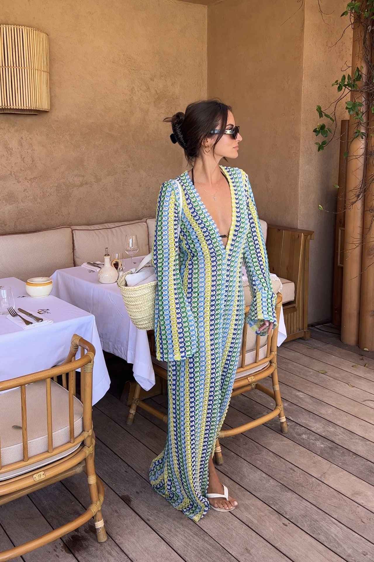 Crochet Colorful Stripe Maxi Dress Women Flare Sleeve V-neck High Split Sexy Lon