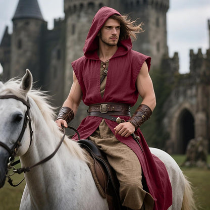 Men's Medieval Hooded Surcoat Renaissance Tabard Sleeveless Tunic Cloak Viking Costume Holloween Assassin Cosplay