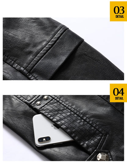 Autumn Winter New Fashion Men's Solid Color Simple Basic Casual Trendy Stand Collar Zipper Faux Leather Coats Male Jackets Tops