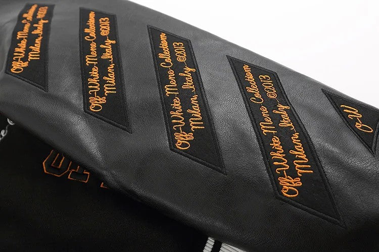 2023 Autumn/winter New Ow Skull Embroidery Woolen Jacket Cloth Patchwork Leather Sleeve Heavy Duty Embroidery Casual Style Fit